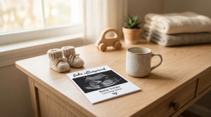 Warm lifestyle photo of a fake ultrasound resting on a light wooden desk, soft natural window lighting, minimalist aesthetic,