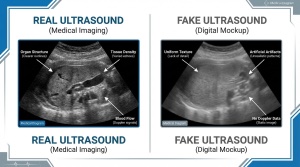 Split-screen comparison showing real vs fake ultrasound side by side, educational diagram style, clean white background, medi