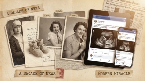 Vintage-style collage showing evolution of pregnancy announcements through decades, sepia-toned old photos transitioning to m