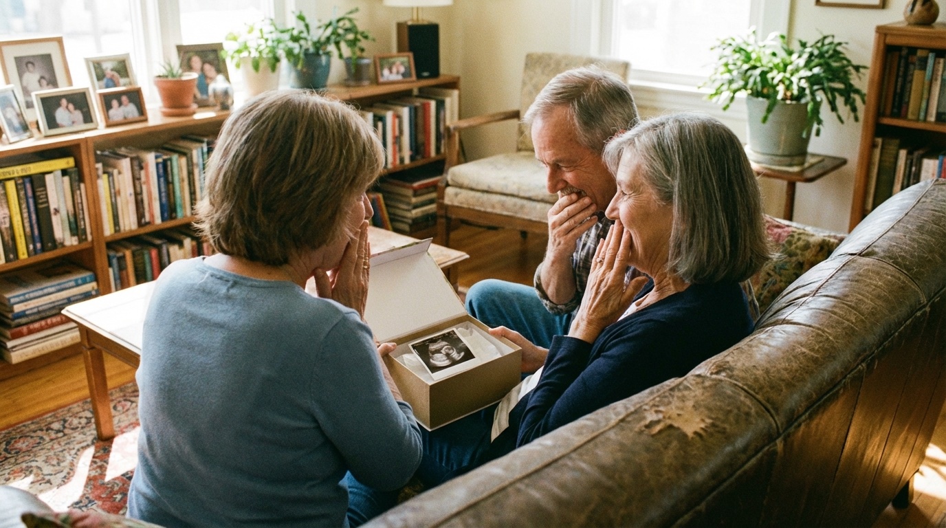 Heartwarming scene of grandparents-to-be looking at ultrasound image in a gift box, surprised and happy expressions, warm living room setting