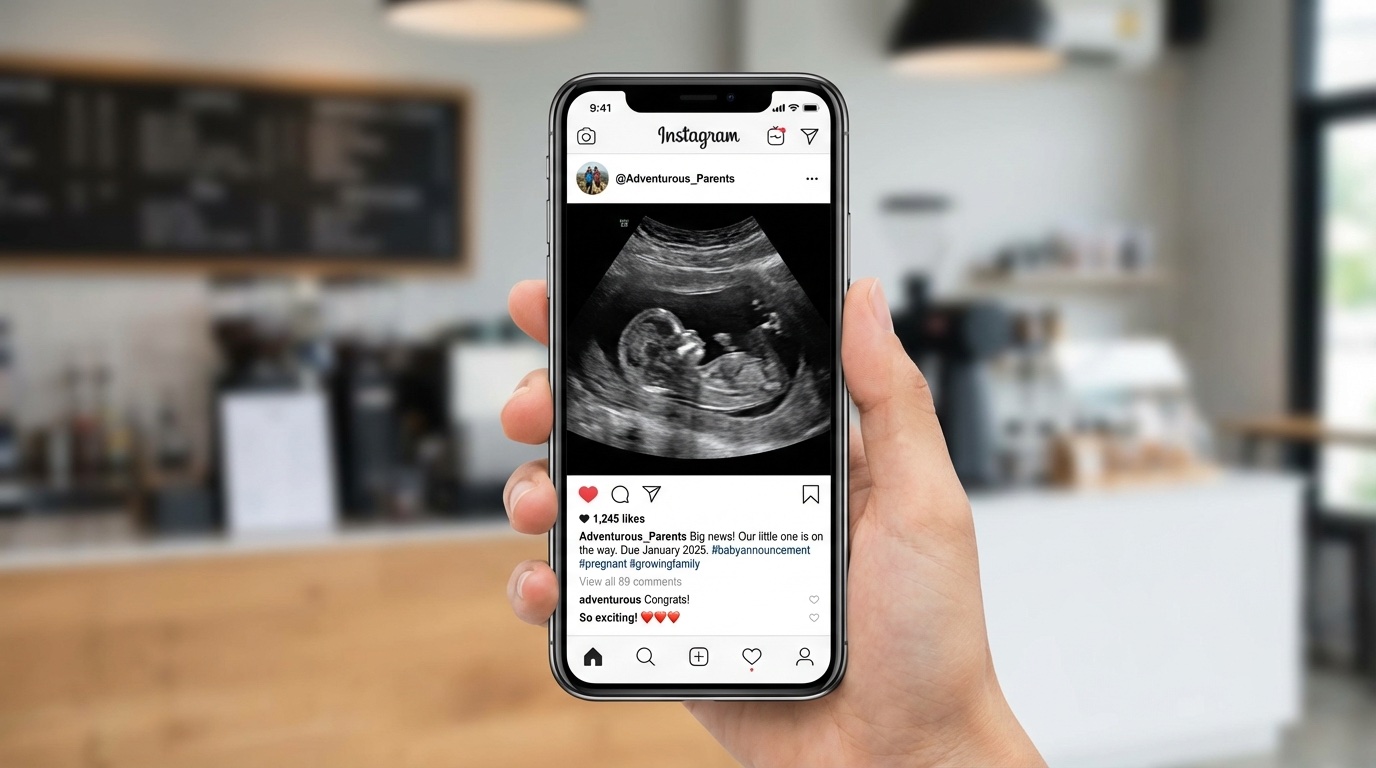 Mockup of Instagram-style post featuring ultrasound announcement, showing phone screen with the post and engagement. Modern social media aesthetic
