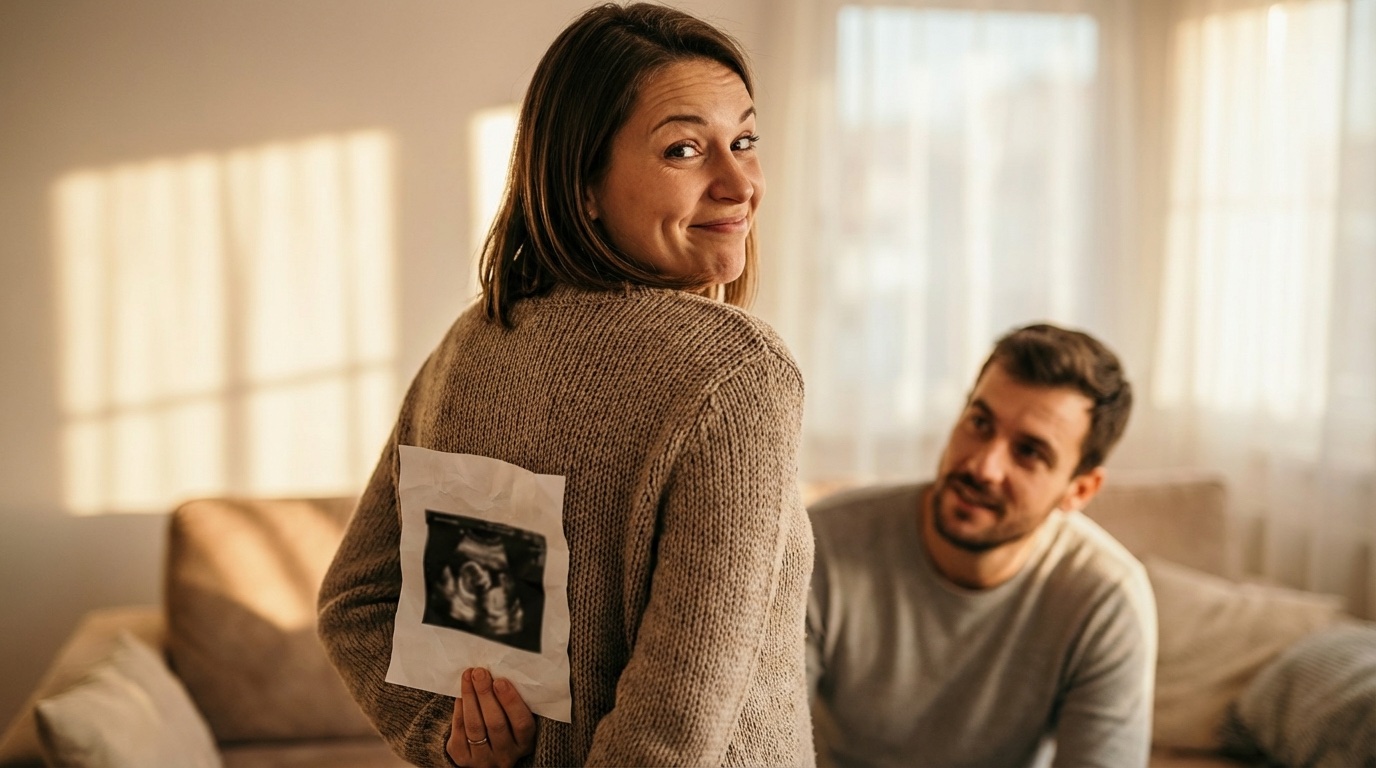 Playful lifestyle photo of person hiding fake ultrasound behind back with mischievous expression, warm natural lighting, anticipation mood