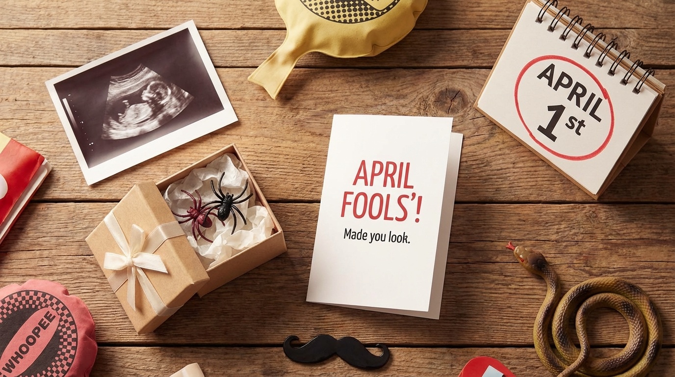 Flat lay of prank props including fake ultrasound, gift box, greeting card, calendar showing April 1st, soft warm lighting on wooden surface