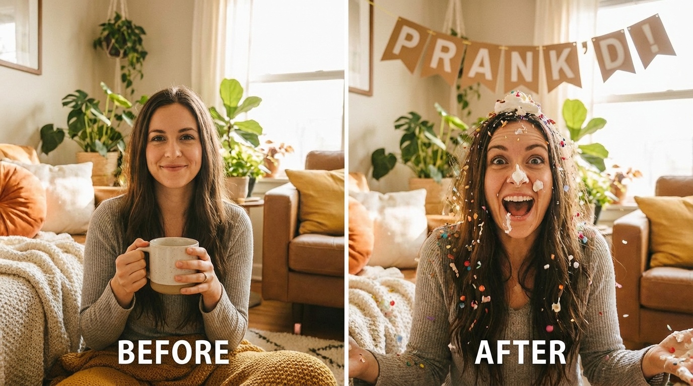 Split image showing before/after prank reaction faces, comedic expressions, warm lifestyle aesthetic, genuine surprise emotion