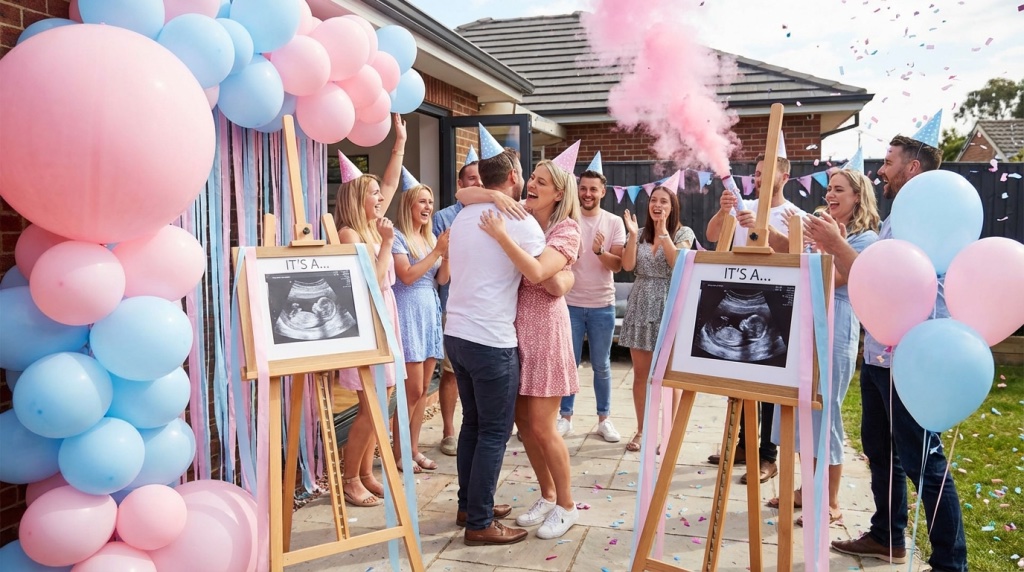 Exciting gender reveal party scene with ultrasound displayed on an easel, pink and blue decorations, balloons, festive atmosp