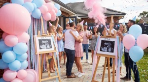 Exciting gender reveal party scene with ultrasound displayed on an easel, pink and blue decorations, balloons, festive atmosp