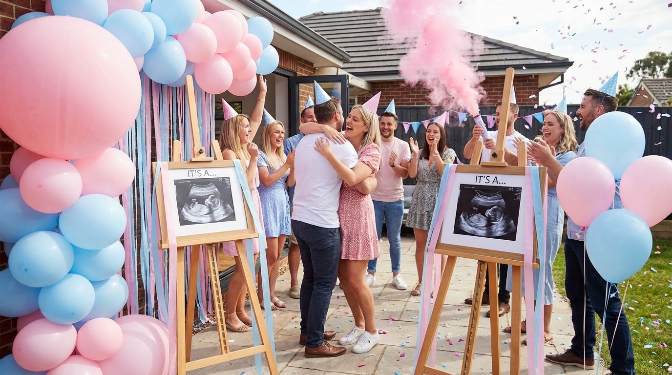 Exciting gender reveal party scene with ultrasound displayed on an easel, pink and blue decorations, balloons, festive atmosphere