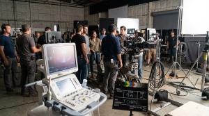 Behind-the-scenes film set with ultrasound prop visible, clapperboard, camera equipment, professional movie production atmosp