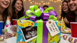 Wrapped gift box with ultrasound peeking out, comedic wrapping paper, exaggerated bow, party atmosphere, gag gift vibes