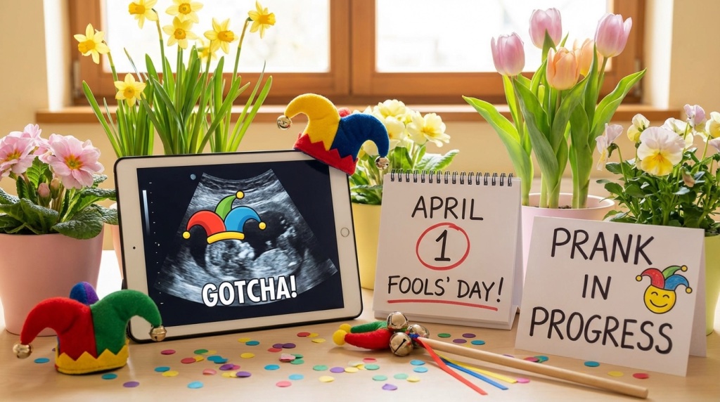 April Fools themed setup with ultrasound, calendar showing April 1st circled, playful jester elements, spring colors