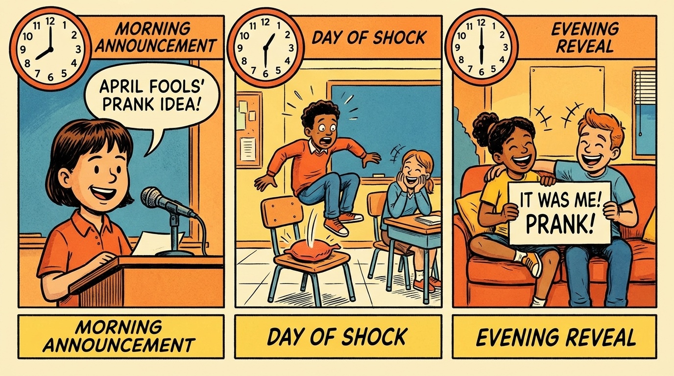 Illustrated timeline showing perfect prank timing: morning announcement, day of shock, evening reveal. Comic strip style with clocks