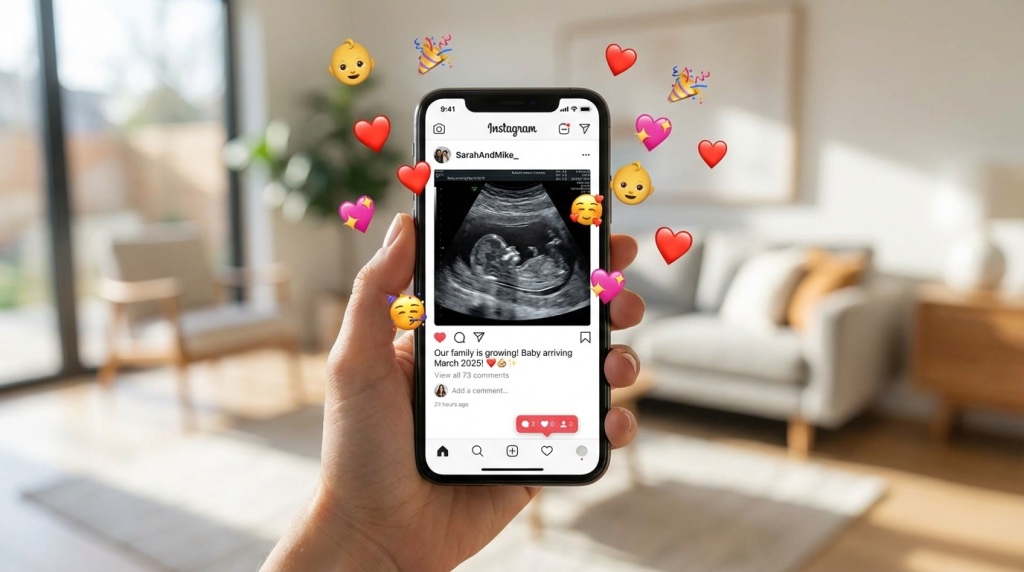 Smartphone displaying an Instagram-style pregnancy announcement post with ultrasound image visible, surrounded by floating he