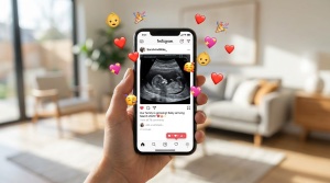 Smartphone displaying an Instagram-style pregnancy announcement post with ultrasound image visible, surrounded by floating he