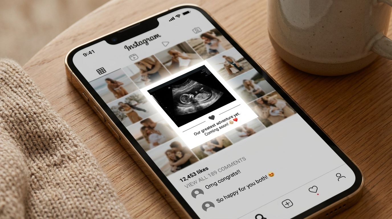 iPhone screen showing an Instagram grid feed with one post standing out - a pregnancy ultrasound announcement surrounded by likes and comments