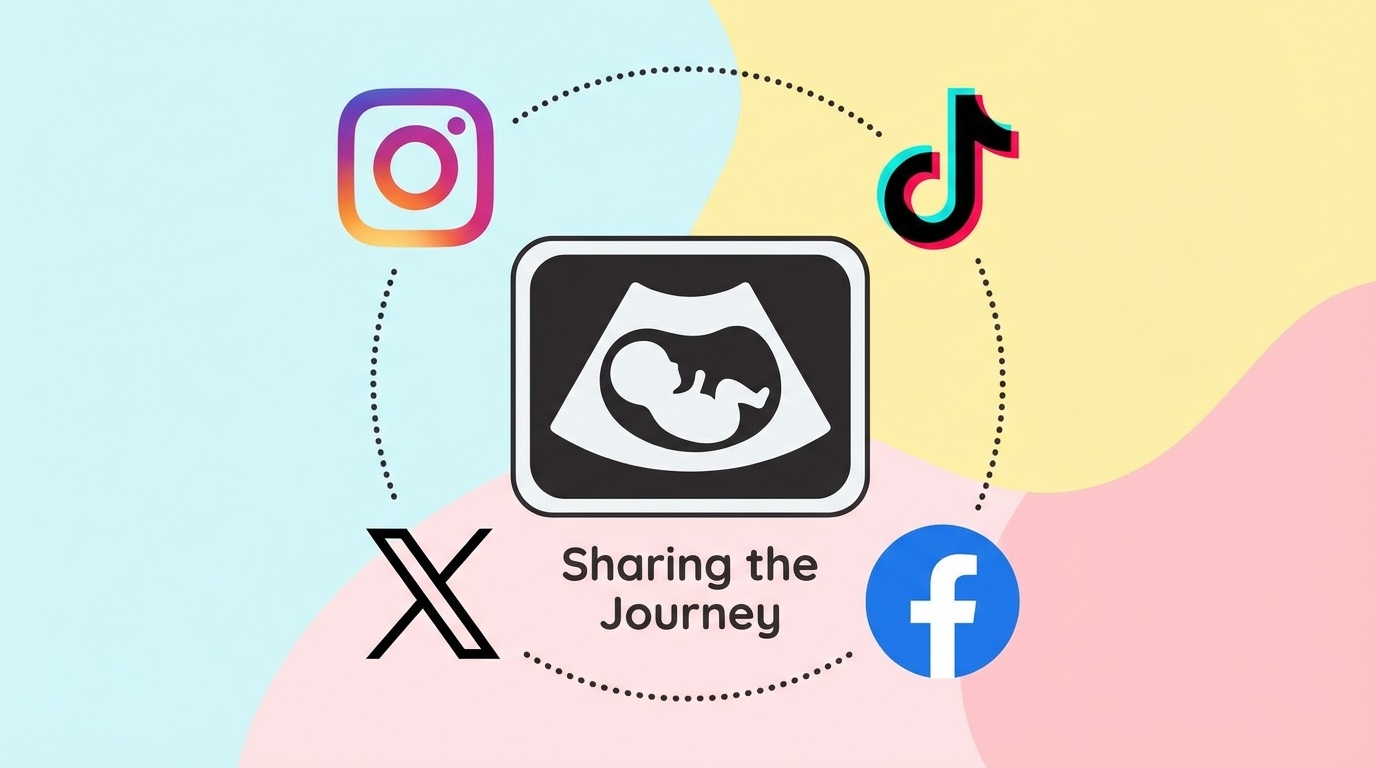 Clean illustration showing the four major social platform icons (Instagram, TikTok, Facebook, Twitter) arranged around a central ultrasound image