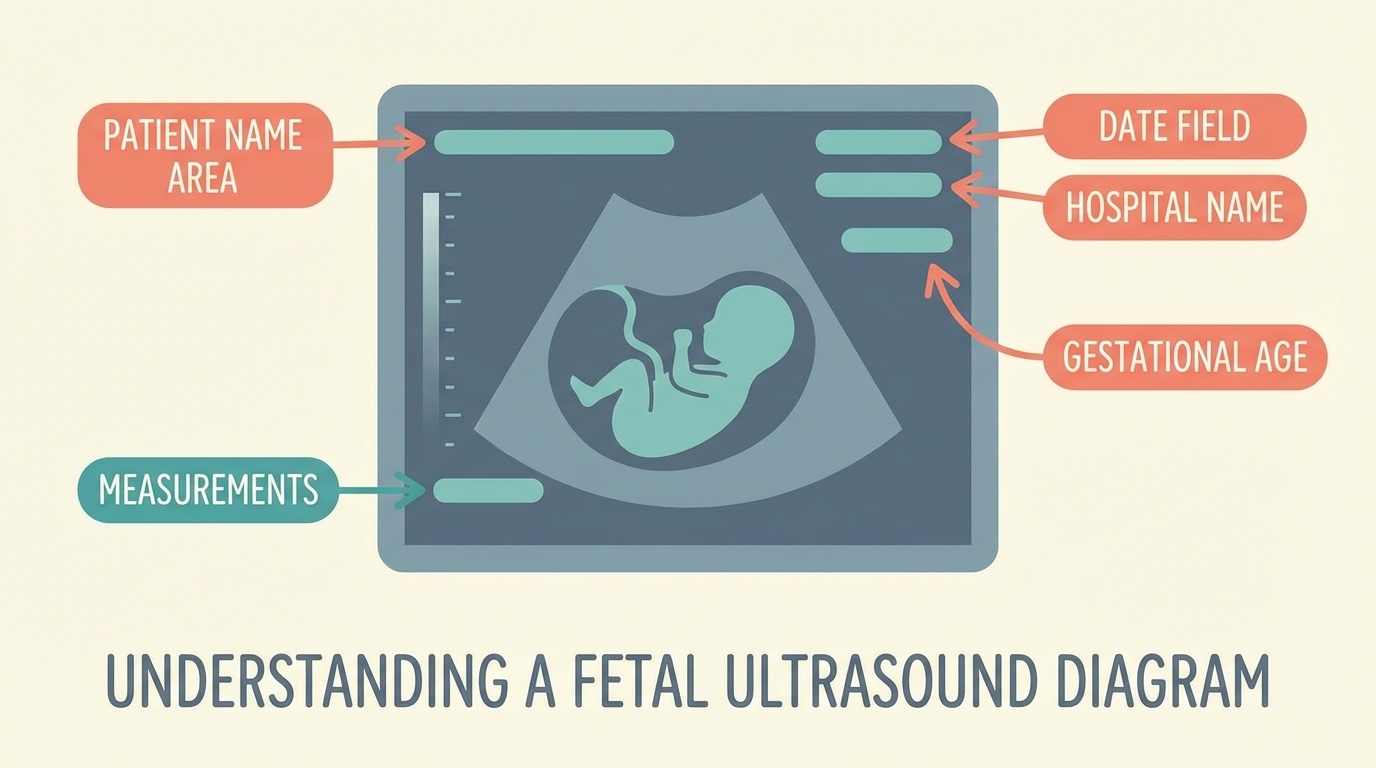 Educational diagram style image of a fake ultrasound with clean annotation callouts pointing to customizable fields: patient name area, date field, hospital name, gestational age, measurements. Light background, professional but friendly infographic style, teal and coral accent colors