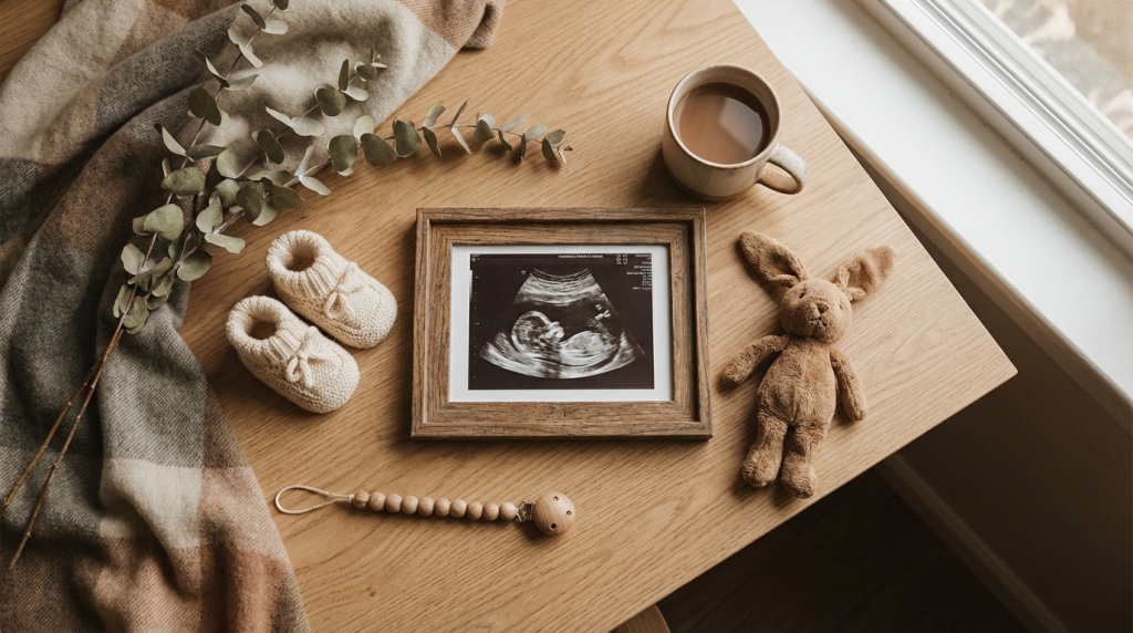 Warm inviting flat-lay photograph of a fake ultrasound image on a light wooden desk, surrounded by soft baby items like tiny