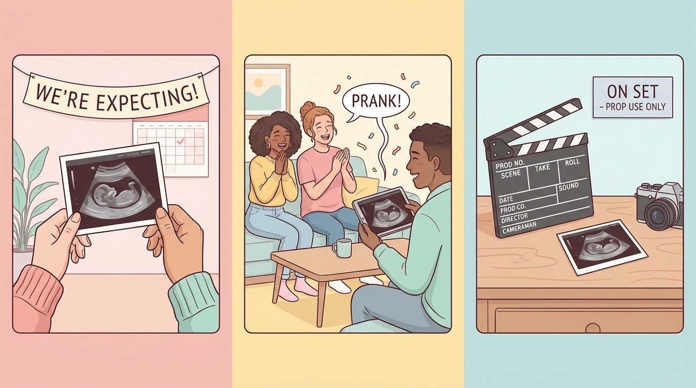 Triptych illustration showing three use cases for fake ultrasounds: left panel shows hands excitedly holding ultrasound for announcement, center panel shows friends laughing during prank reveal, right panel shows film clapperboard with ultrasound as prop on set. Clean modern illustration style, soft pastel color palette, cohesive warm aesthetic