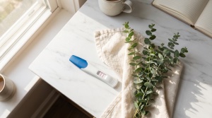 Aesthetic flat-lay of a positive pregnancy test on marble surface with eucalyptus sprigs and soft fabric, morning light strea