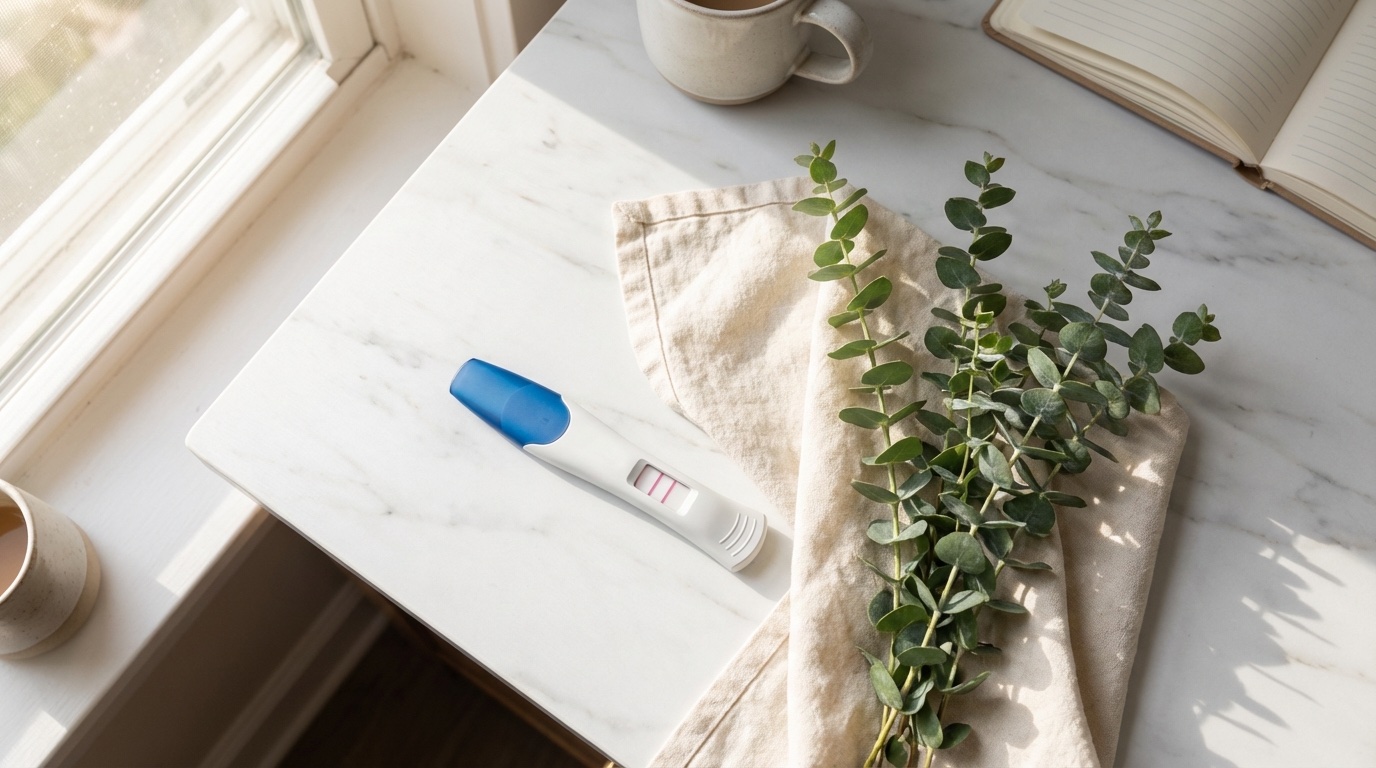 Aesthetic flat-lay of a positive pregnancy test on marble surface with eucalyptus sprigs and soft fabric, morning light strea