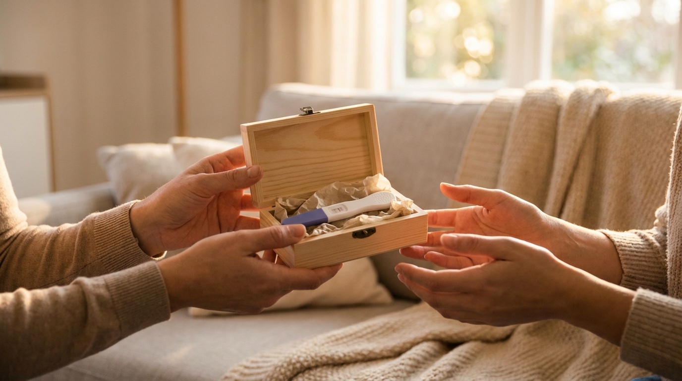 Candid lifestyle photo of hands presenting a pregnancy test in a gift box, soft bokeh background suggesting a living room set
