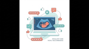 Modern illustration of a laptop screen displaying an ultrasound image, surrounded by floating star ratings and review icons.