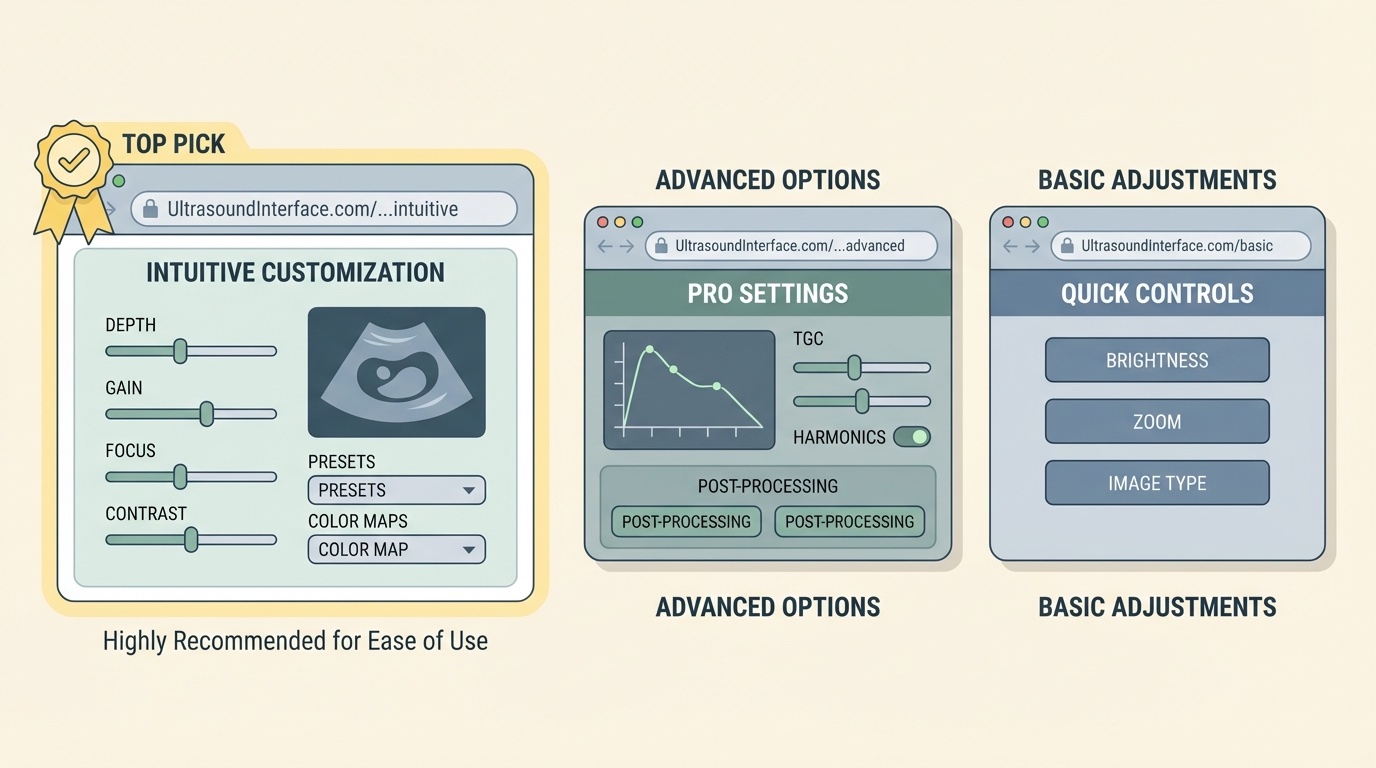 Infographic-style image showing three browser windows side by side, each displaying different ultrasound customization interfaces.
