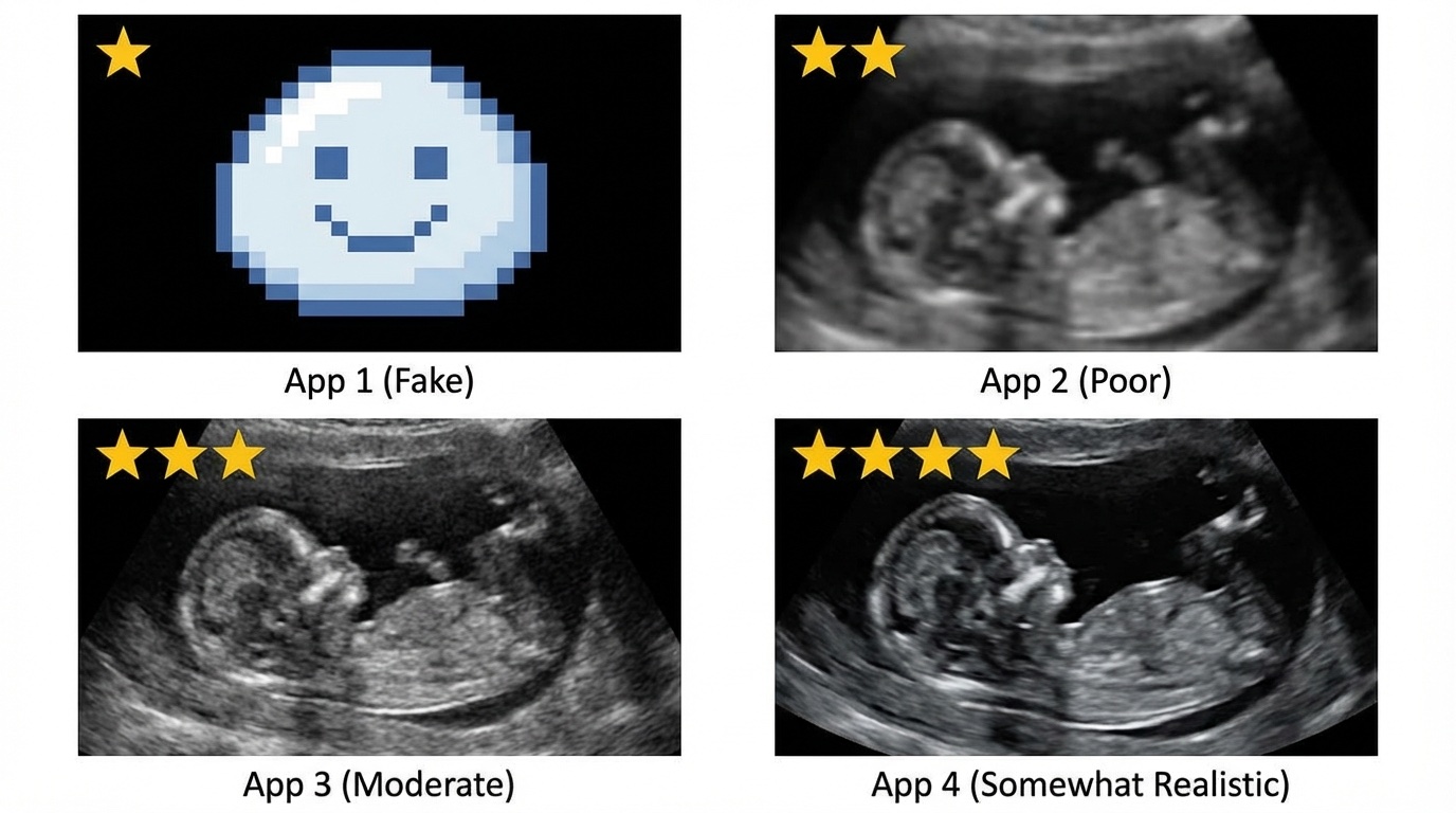 Grid showing 4 different ultrasound outputs from apps, ranging from obviously fake to somewhat realistic. Clean layout on white background
