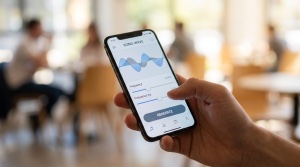 Smartphone held in hand displaying an ultrasound generator app interface, blurred colorful background suggesting casual setti