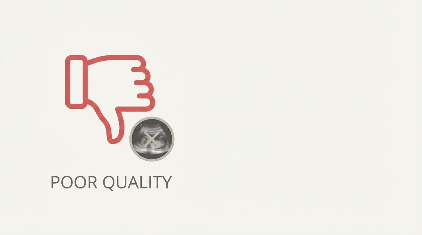 Simple illustration of a red thumbs down icon with small ultrasound image, indicating poor quality. Clean vector style