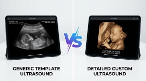 Split-screen comparison: left side shows generic template ultrasound, right side shows detailed custom ultrasound with person