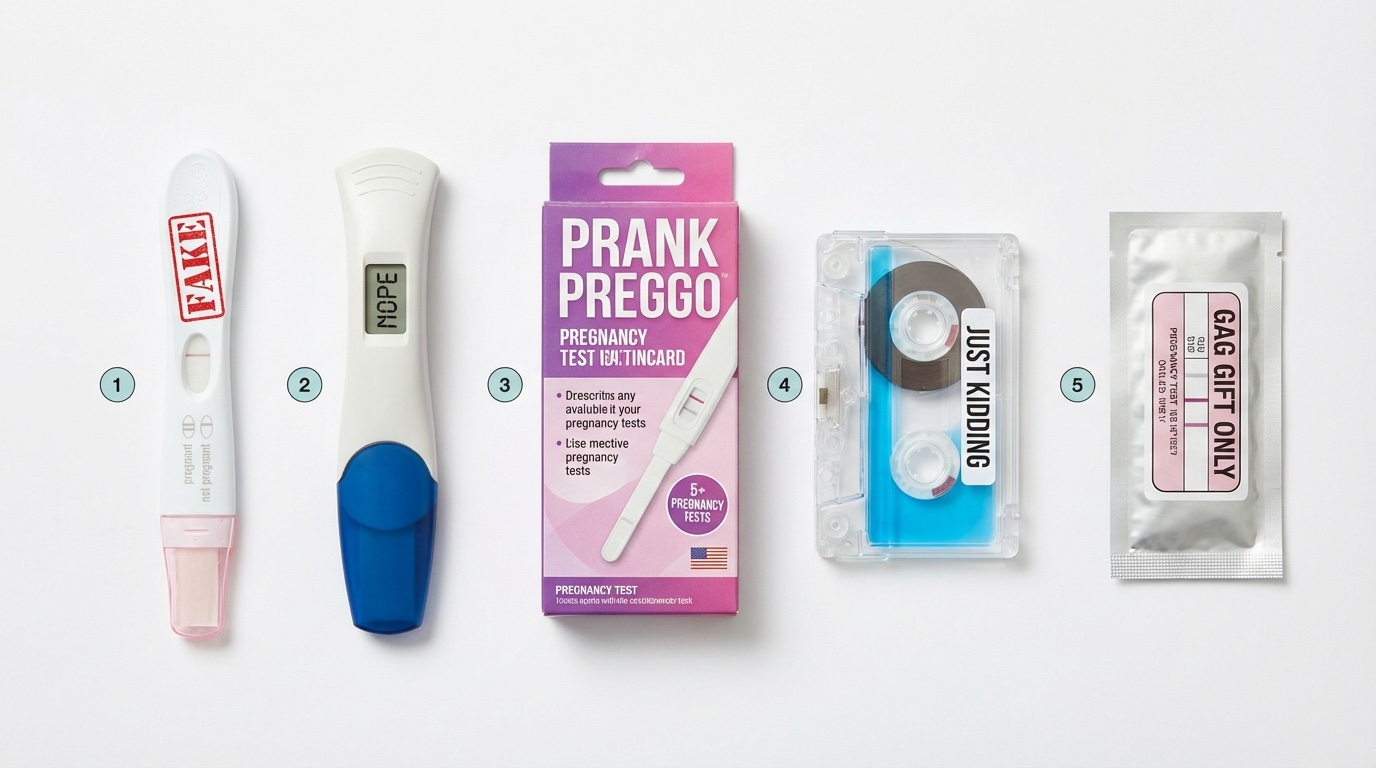 Product lineup of 5 different fake pregnancy test options on white background, each with a small numbered label. Clean catalog style, good for comparison