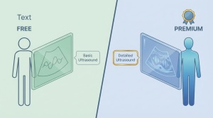 Conceptual illustration: left side shows basic stick figure with 'FREE' and simple ultrasound, right side shows polished figu
