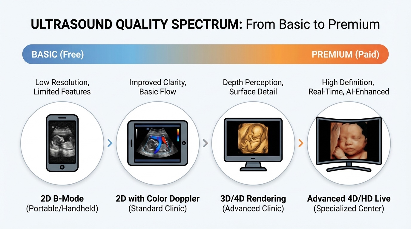 Horizontal scale/spectrum showing ultrasound quality from left (free/basic) to right (paid/premium), with example thumbnails at each level. Infographic style, educational