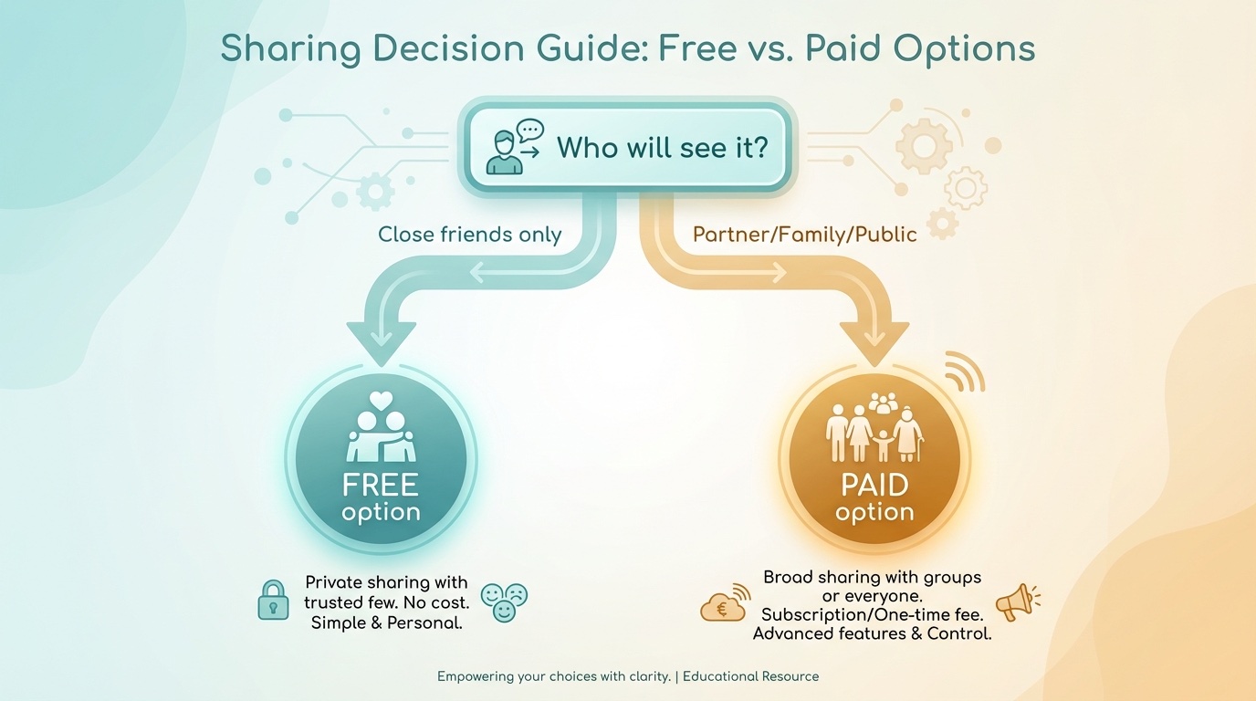 Decision flowchart infographic: starts with Who will see it? branches to Close friends only leading to FREE option, and Partner/Family/Public leading to PAID option. Clean vector style, helpful and educational, soft teal and amber colors