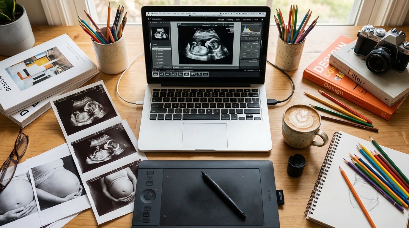 Overhead shot of a creative workspace with laptop open to photo editing software, printed ultrasound reference images, coffee