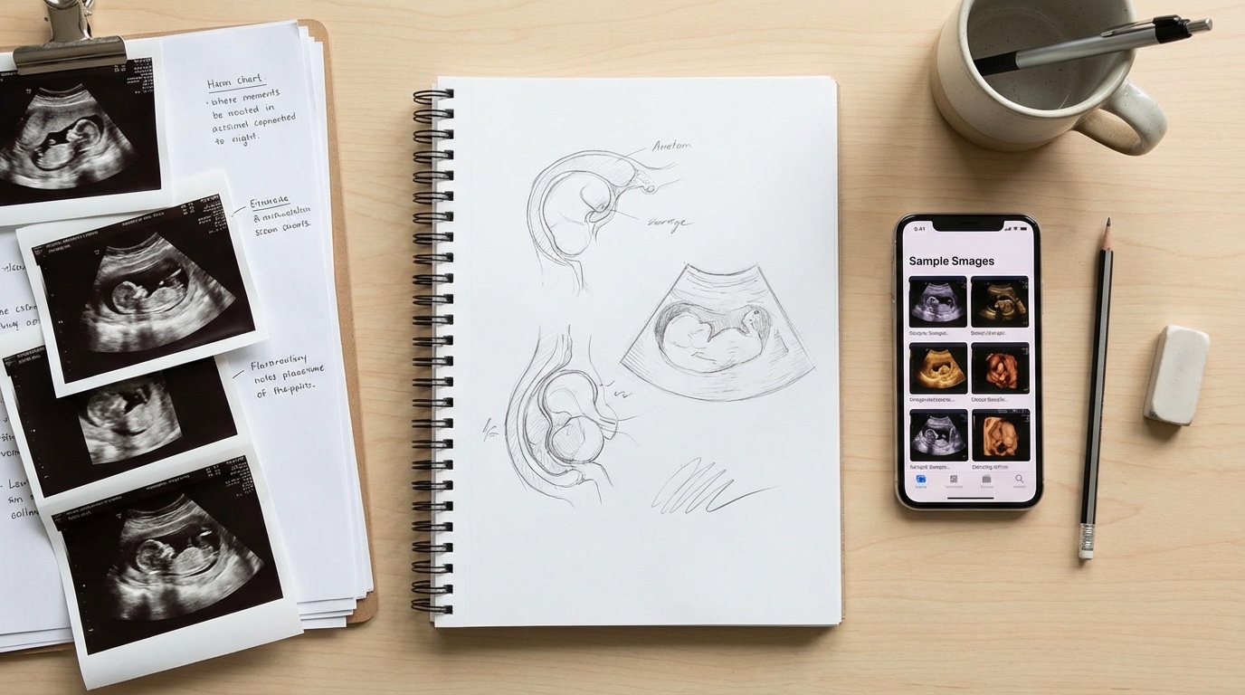 Clean flat-lay of materials needed: reference ultrasound images printed out, notebook with sketches, phone showing ultrasound