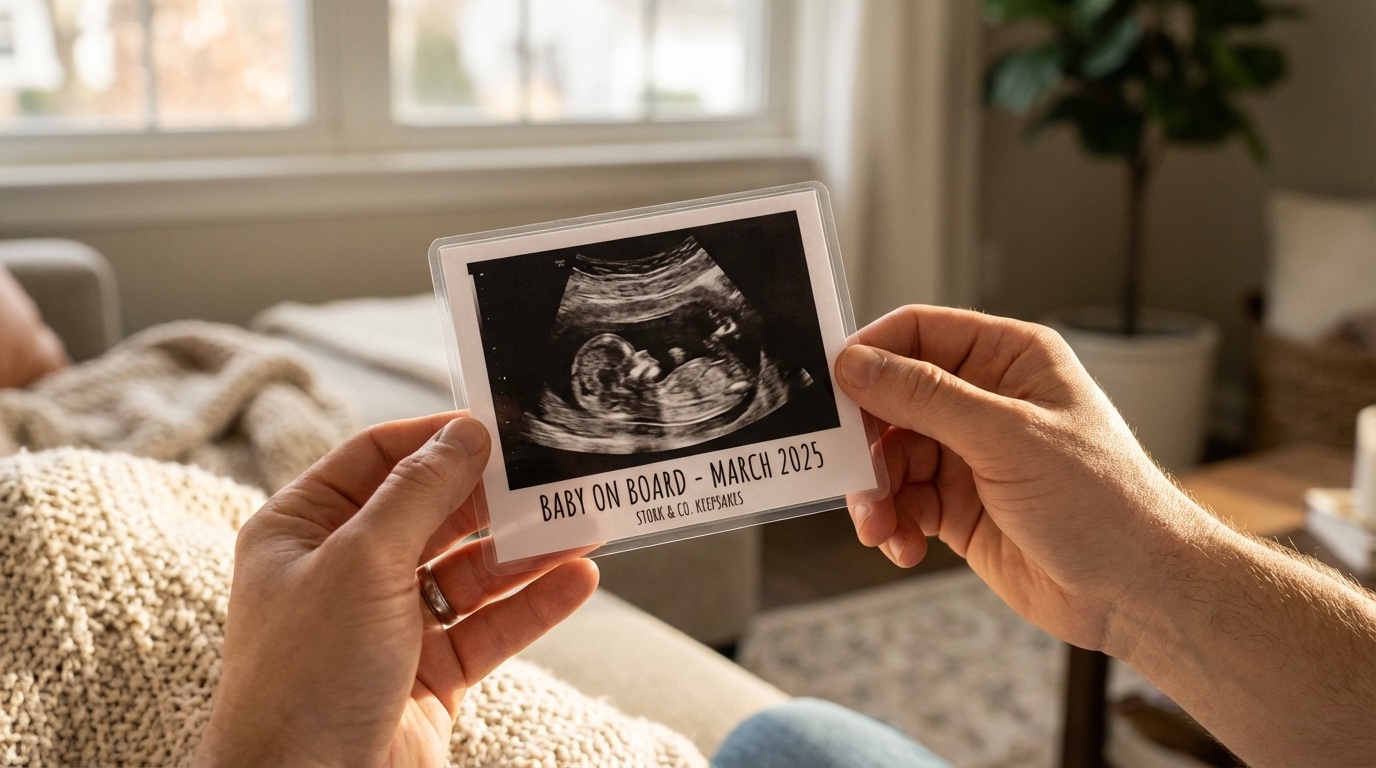 Hands holding a finished fake ultrasound with proud presentation, soft natural lighting, sense of accomplishment, lifestyle p
