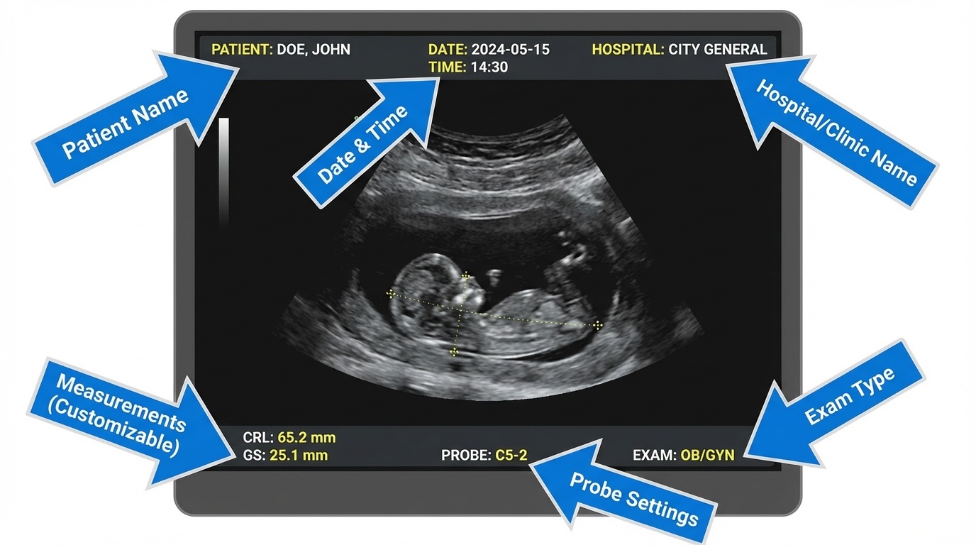 Annotated ultrasound diagram showing all the fields that can be customized: patient name, date, hospital name, measurements