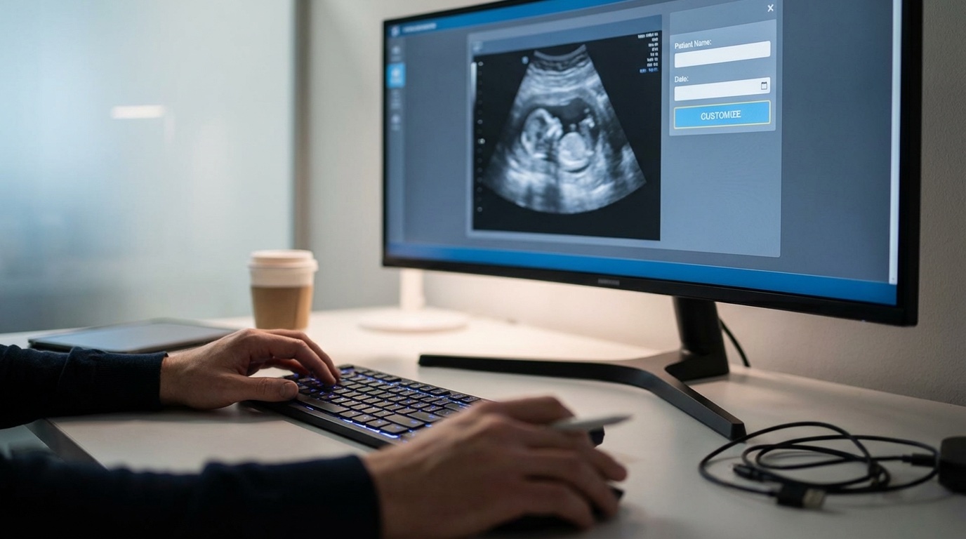 Close-up of someone's hands at a computer, on-screen showing ultrasound with customization options (name, date fields visible