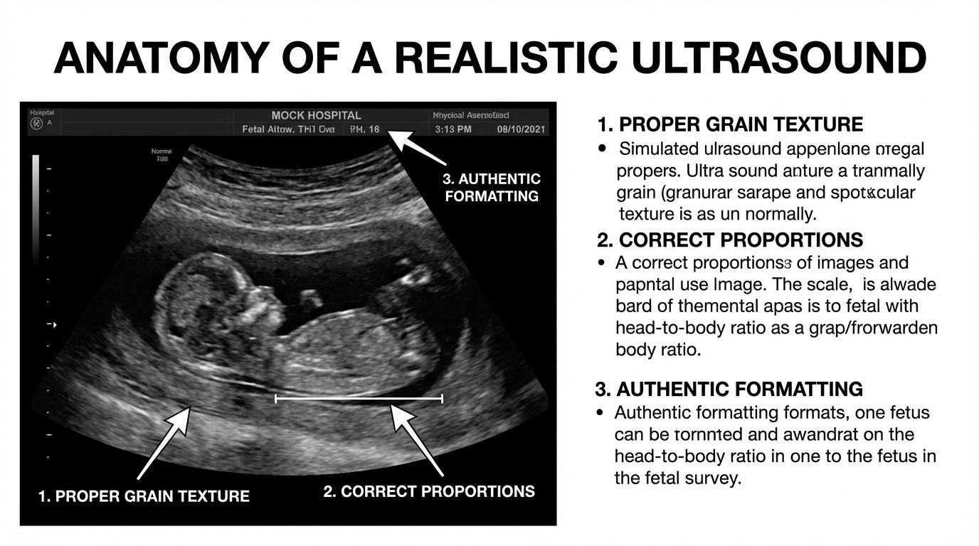 Annotated image highlighting what makes an ultrasound look realistic: proper grain texture, correct proportions, authentic formatting