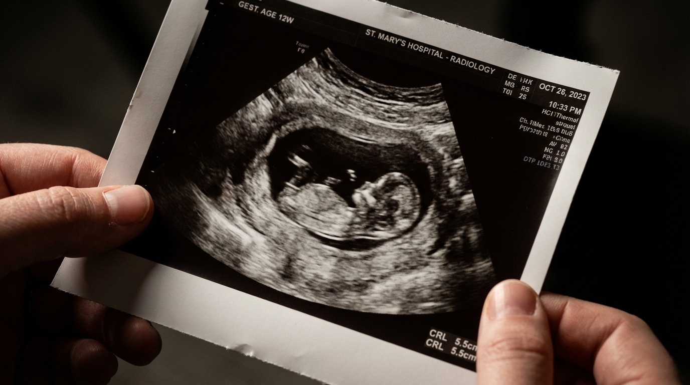 Dramatic close-up of a highly realistic fake ultrasound with perfect details, professional photography, could pass as real medical image