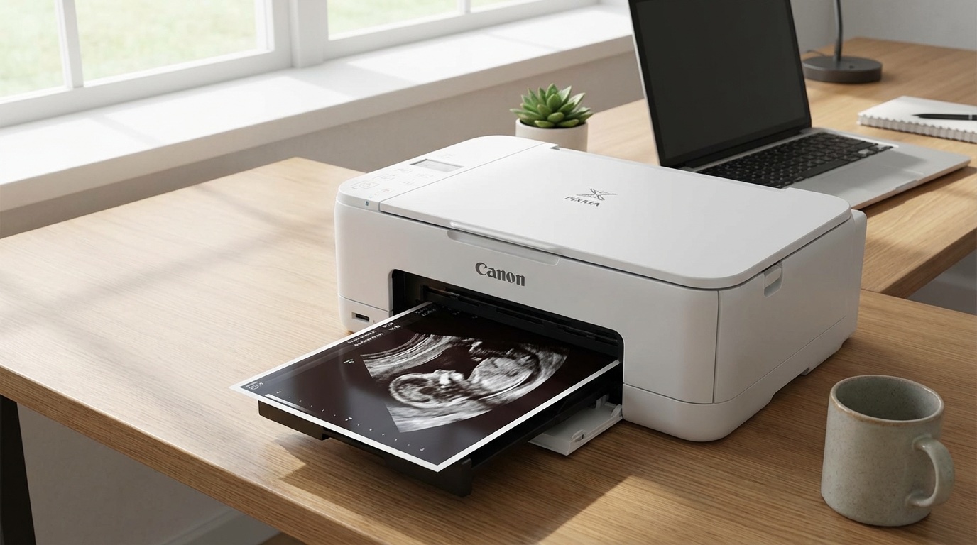 Home printer outputting an ultrasound image on glossy photo paper, crisp and satisfying, the ultrasound is emerging from printer