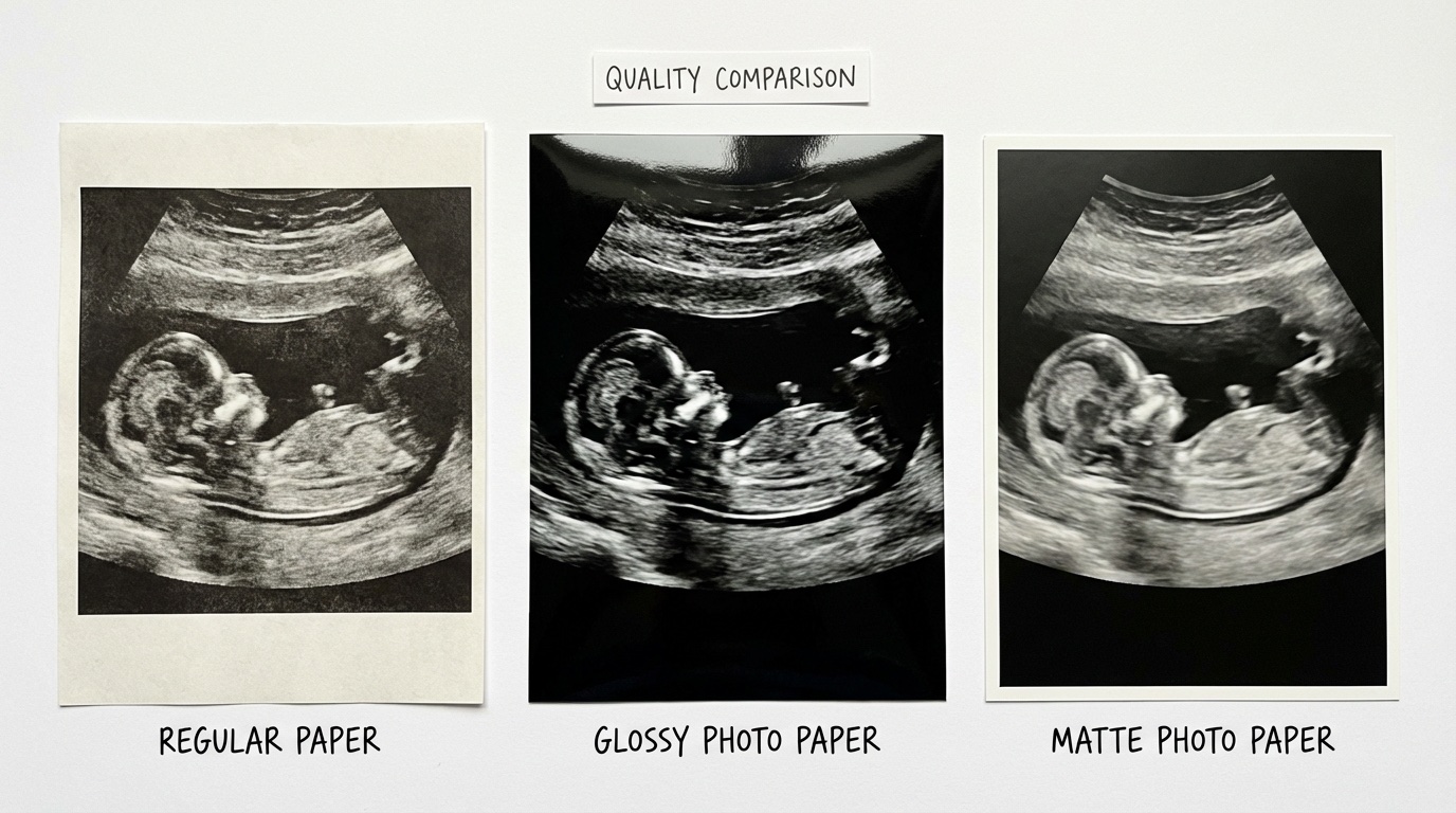 Comparison of same ultrasound printed on different papers: regular printer paper, glossy photo paper, matte photo paper. Side by side on white background, shows quality difference