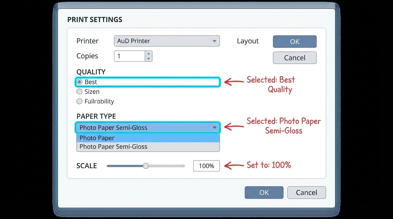 Clean screenshot-style illustration of a printer settings dialog box with highlighted options: quality set to 'Best', paper type set to 'Photo Paper Semi-Gloss', and scale set to '100%'