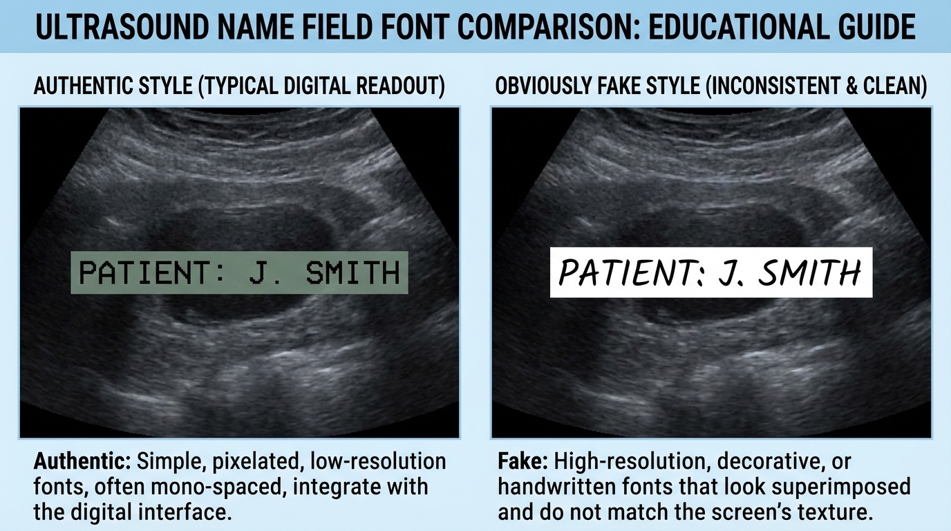 Comparison of ultrasound name fields in different fonts - showing which fonts look authentic vs obviously fake. Educational style, clear labels