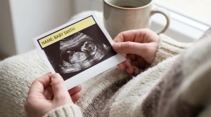 Warm close-up of a personalized fake ultrasound with a highlighted name field, held in hands, cozy blanket background, person