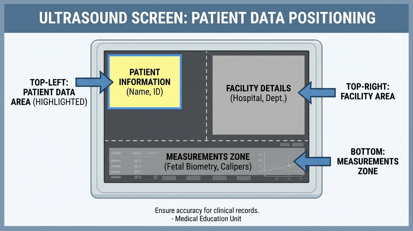 Educational diagram showing correct patient information positioning on ultrasound: top-left name area highlighted, top-right facility area, bottom measurements zone