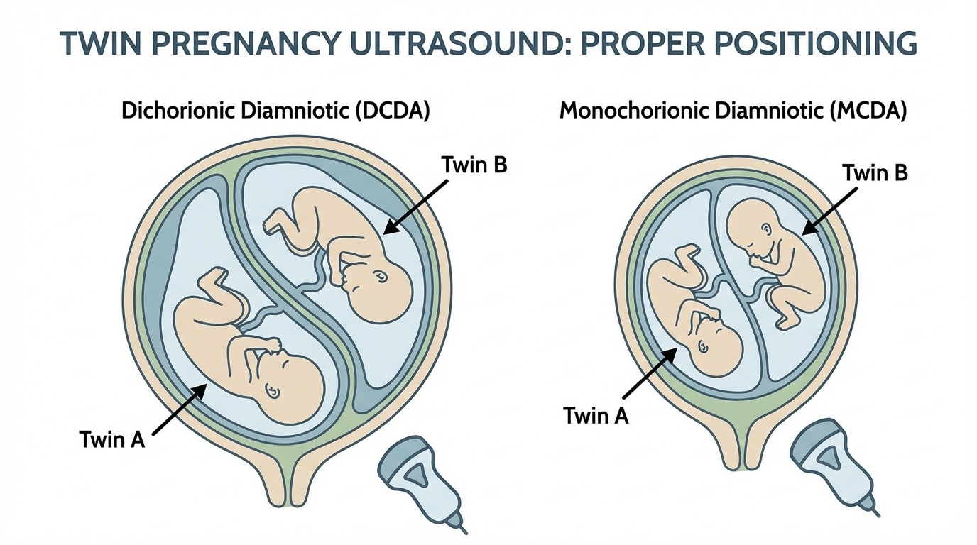 Clean educational diagram showing proper twin positioning in ultrasound view, medical illustration style with Twin A and Twin B labels, professional look