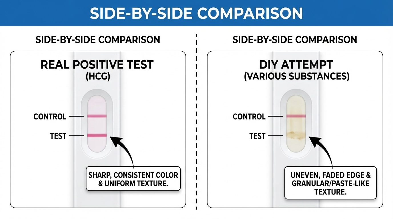 Side by side comparison of a real positive pregnancy test line vs DIY attempt, showing subtle differences in color and texture